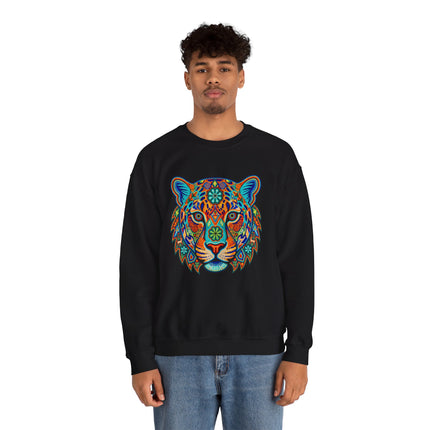 Vibrant Huichol jaguar head graphic on a black pullover sweatshirt.