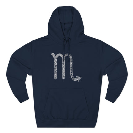 Tribal Scorpio zodiac symbol on a navy blue astrology hoodie featuring knotwork design.