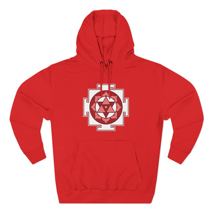 Red hoodie featuring a white and red Shiva Yantra sacred geometry symbol print.