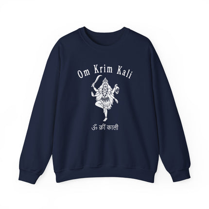Spiritual sweatshirt featuring Goddess Kali art and Om Krim mantra script for Hindu devotees.