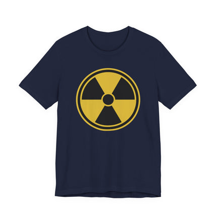 Unisex navy t-shirt featuring a yellow radioactive hazard symbol graphic.