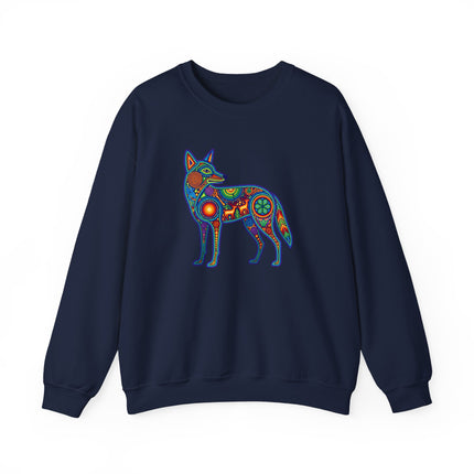 Vibrant Huichol coyote symbol sweatshirt featuring colorful Mexican folk art design.