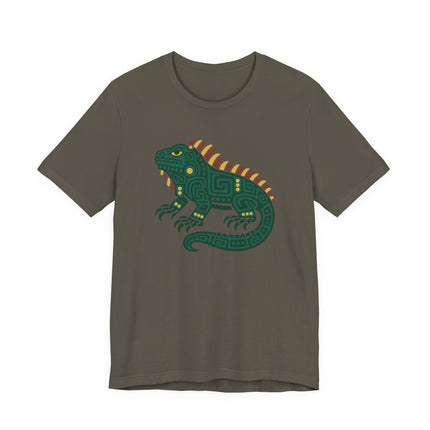 Mayan Iguana T-Shirt | Green Geometric Lizard with Striped Crest Tee