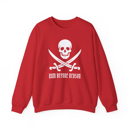 Pirate skull and sabers graphic sweatshirt featuring "Rum Before Reason" pirate theme.