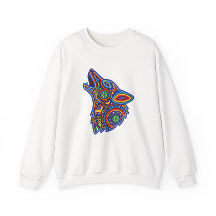 Colorful Huichol tribal wolf design graphic on a white sweatshirt.