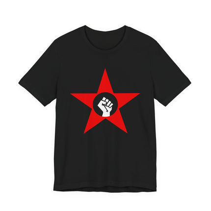 Red star and raised fist graphic on a black t-shirt, symbolizing socialist solidarity and revolution.