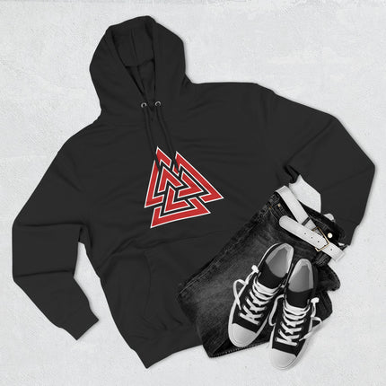 Norse Valknut symbol graphic on a black unisex pullover hoodie.