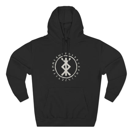 Black Norse hoodie featuring the Futhark runes and the protective Bind Rune symbol.