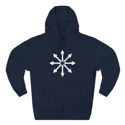 Chaos star symbol on a dark navy occult magic pullover hoodie.