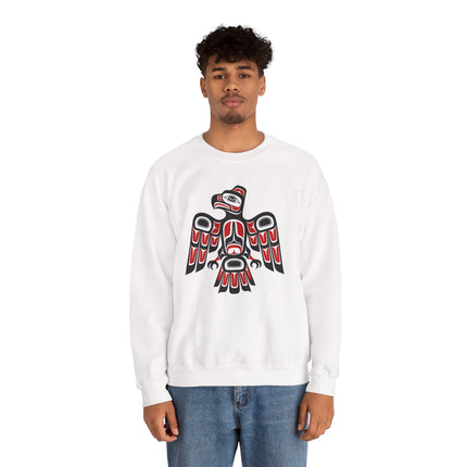 White sweatshirt featuring Pacific Northwest style raven formline art graphic.
