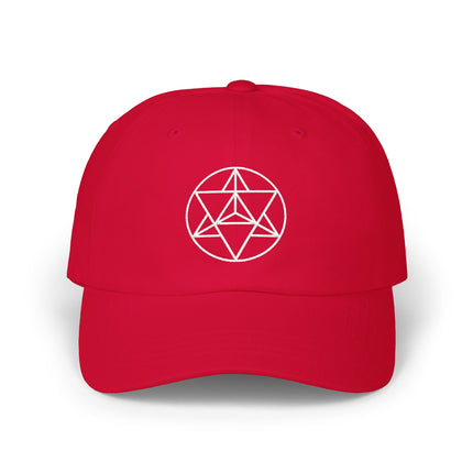 Red baseball cap featuring white embroidered Merkaba sacred geometry design.