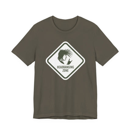 Headbanging Zone rock graphic t-shirt featuring a metal headbanger silhouette design.