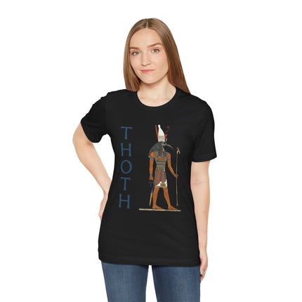 Thoth, the Egyptian god, graphic print on a black t-shirt. Ancient mythology design featuring the ibis deity.
