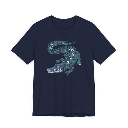 Mayan Crocodile T-Shirt | Curled Reptile with Geometric Patterns Tee
