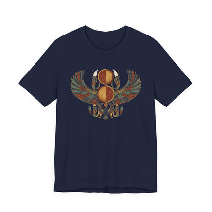 Ancient Egyptian winged scarab and sun disk mythology graphic tee design.