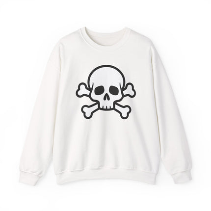 Black skull and crossbones graphic printed on a white unisex pullover sweatshirt.
