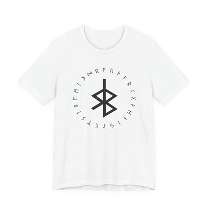 Elder Futhark rune circle t-shirt with Norse Bind Rune design.
