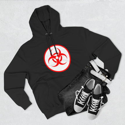 Unisex black hoodie featuring a striking red biohazard warning symbol graphic.