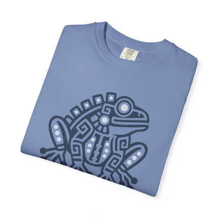 Aztec Frog T-Shirt | Green Geometric Amphibian with Gold Accents Tee