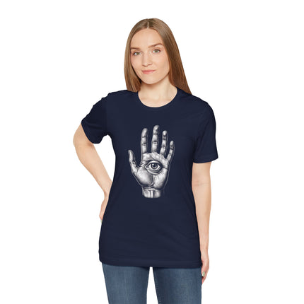 Eye in hand graphic tee. Mystic protection symbol on a dark blue unisex t-shirt.