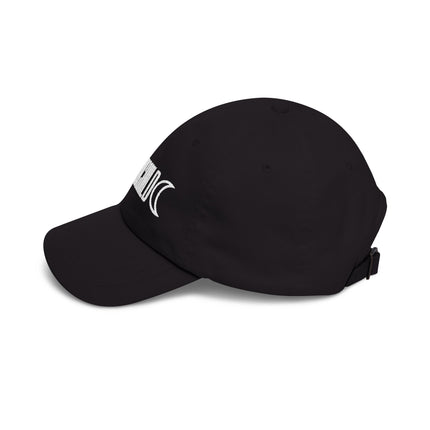 Black embroidered baseball cap with crescent moon and celestial symbols.