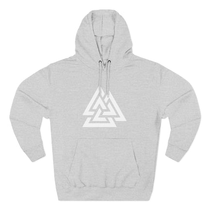 Unisex gray hoodie featuring the white Valknut Norse symbol graphic.