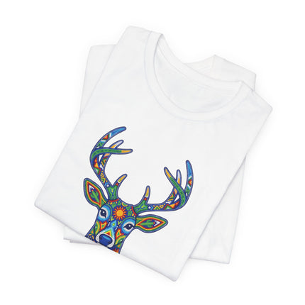 Vibrant Huichol deer graphic tee featuring Mexican indigenous folk art symbolism.