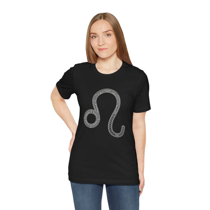 Black tee featuring the intricate Leo zodiac symbol in a tribal tattoo style graphic.