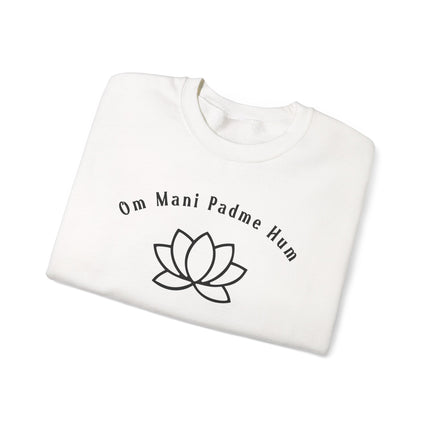 Om Mani Padme Hum mantra and lotus graphic printed on a white spiritual sweatshirt.