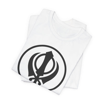 Black Khanda Sikh symbol graphic on a white t-shirt.