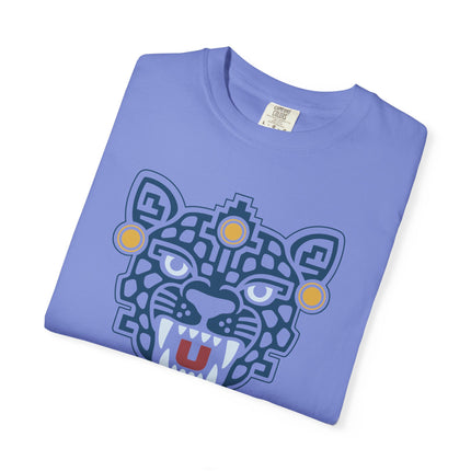 Aztec Jaguar Mask T-Shirt | Teal Feline Face with White Fang Details Tee