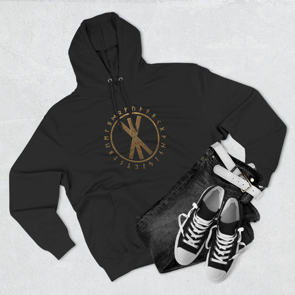 Black Norse rune hoodie featuring a gold Viking bind symbol and Elder Futhark circle graphic.