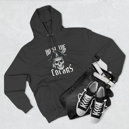 Hoist The Colors" pirate skull graphic hoodie featuring a tricorn hat and nautical design.