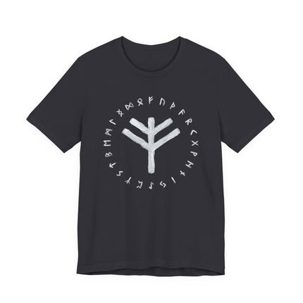 Black tee with Elder Futhark runes and symbolic Norse pagan design.