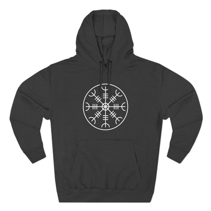 Norse Aegishjalmur symbol graphic on a black Viking pullover hoodie.