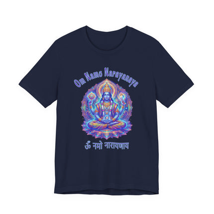 Hindu Lord Vishnu graphic tee featuring Om Namo Narayanaya mantra and divine spiritual art.