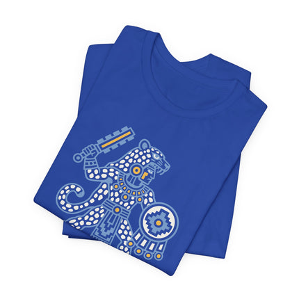 Aztec Jaguar Warrior T-Shirt | Blue and Gold Mesoamerican Graphic Tee