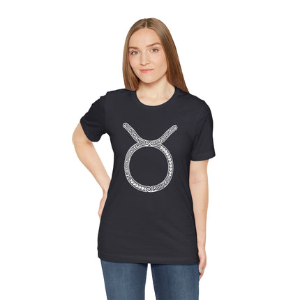 Taurus zodiac sign and Celtic knot design on a black unisex t-shirt.
