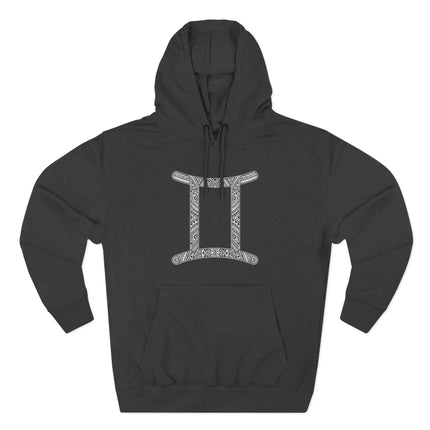 Gemini zodiac hoodie featuring a tribal pattern and the twin symbol II.