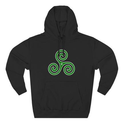Green Celtic Triskelion triple spiral symbol on a black pullover hoodie.