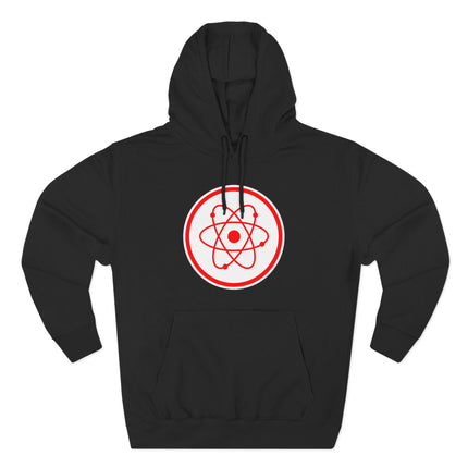 Red atomic symbol graphic on a black science physics hoodie.