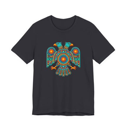 Vibrant double-headed eagle graphic tee featuring Mexican Huichol folk art and mythology design.