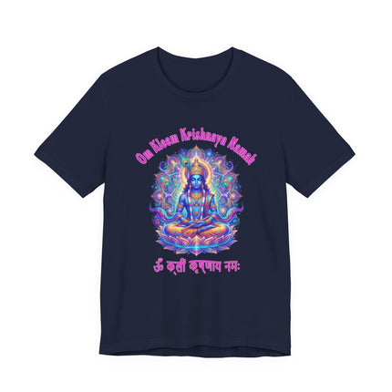 Vibrant Krishna mandala t-shirt featuring Lord Krishna and the mantra Om Kleem Krishnaya Namah.