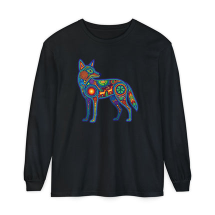 Huichol Coyote Long Sleeve T-Shirt | Multicolor Animal Art Tee