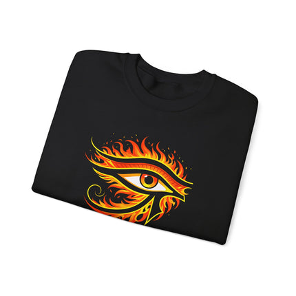 Ancient Egyptian Eye of Ra symbol graphic on a fiery pullover sweatshirt.