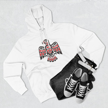 Red and black Northwest Coast tribal hawk art graphic on a white pullover hoodie.