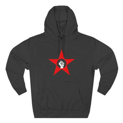 Red star and raised fist symbol graphic on a black protest hoodie.