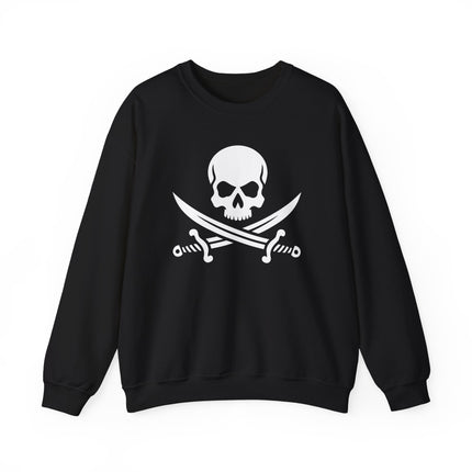 Pirate skull and crossed swords graphic on a black unisex sweatshirt.