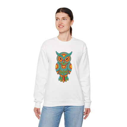 Vibrant Huichol owl graphic on a white sweatshirt, featuring Mexican folk art style.
