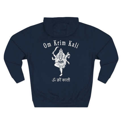 Om Krim Kali Goddess art print on a dark blue spiritual hoodie featuring Hindu symbols.